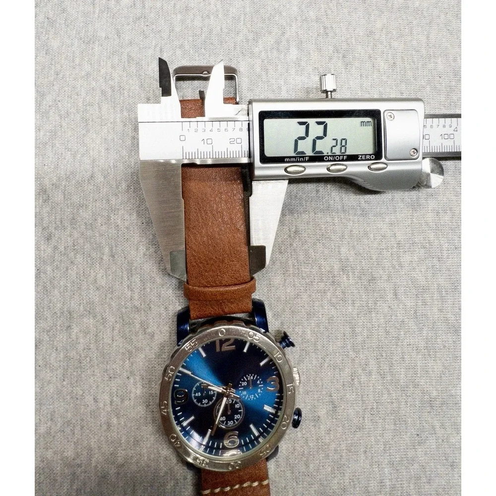 Folio 46mm Blue Silver Tone Watch Brown Leather Band New Battery‎ Chrono Style